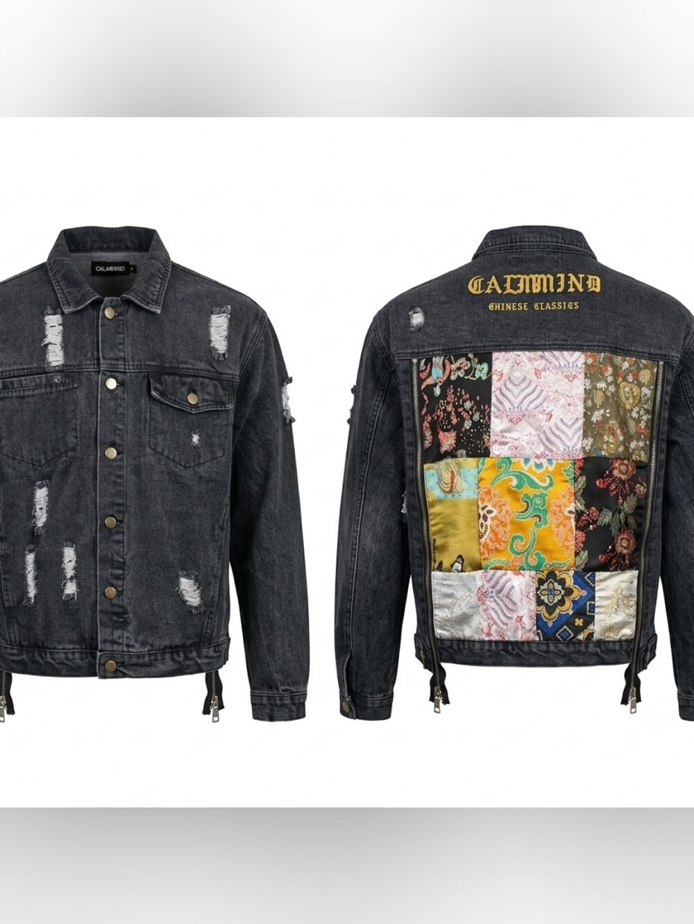 Black Denim Women Jacket Patchwork Distressed Grunge Urban Indie Sleaze